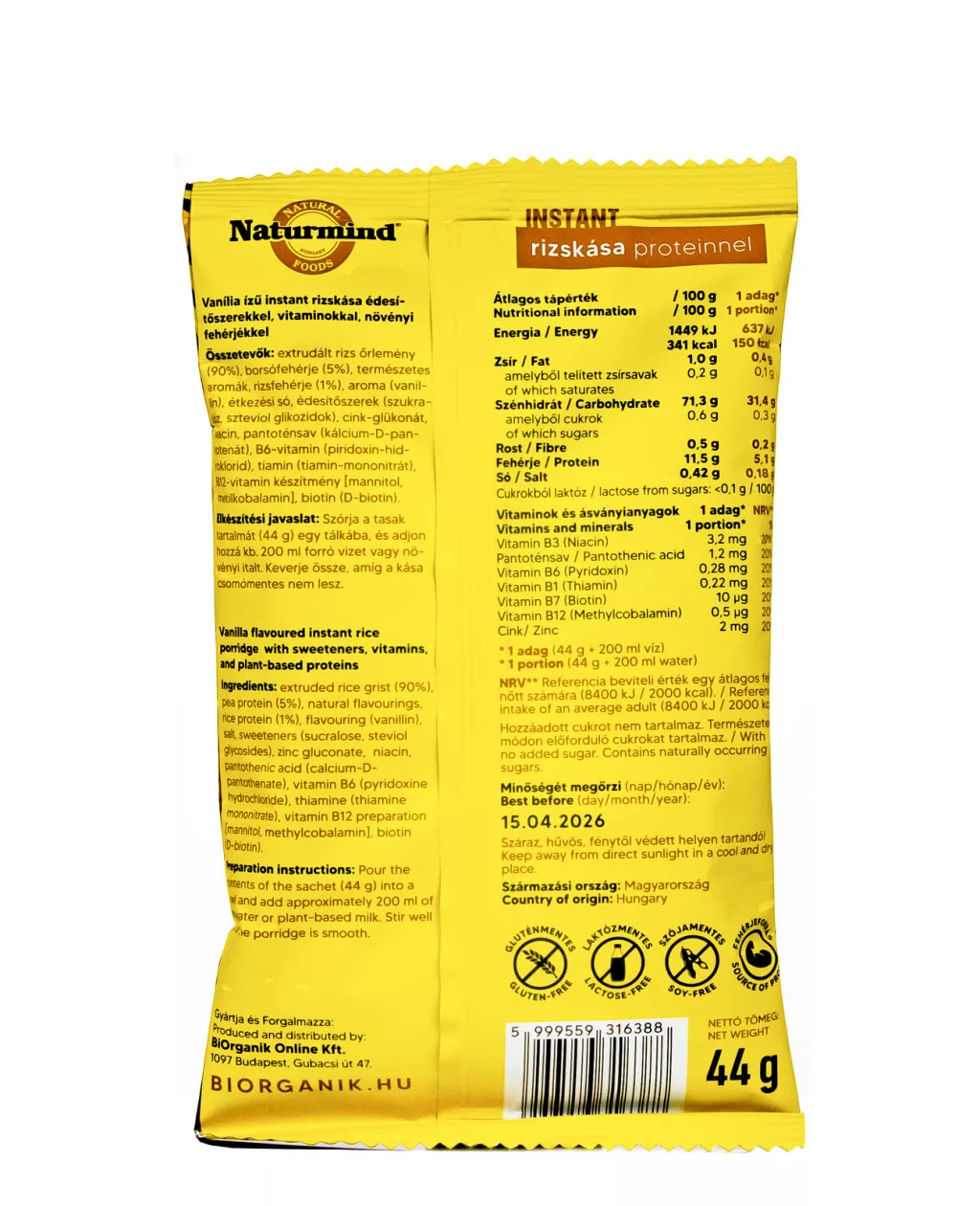 Naturmind Proteines Gluténmentes Instant rizskása vaníliás - 44g